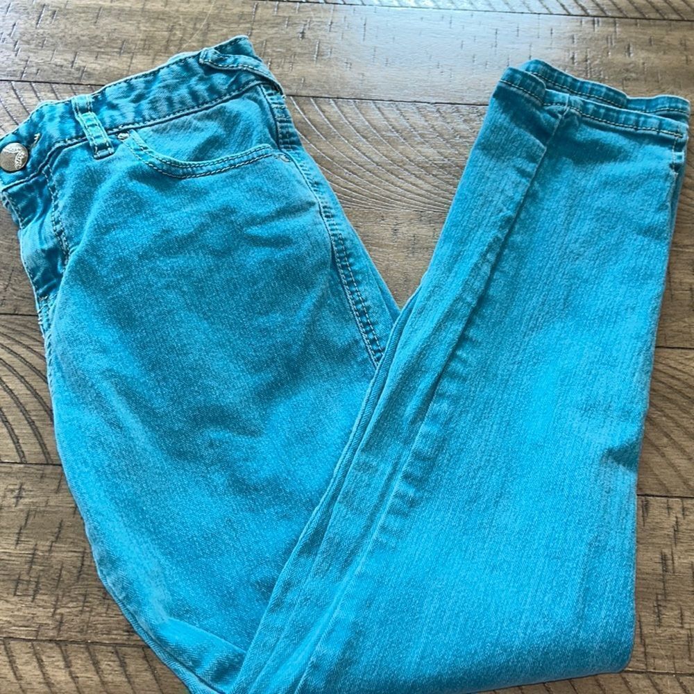 🌞 Free 🇺🇸 People Lagoon Blue Cropped 5 Pocket Denim Jeans 👖 Pull Up Straps!